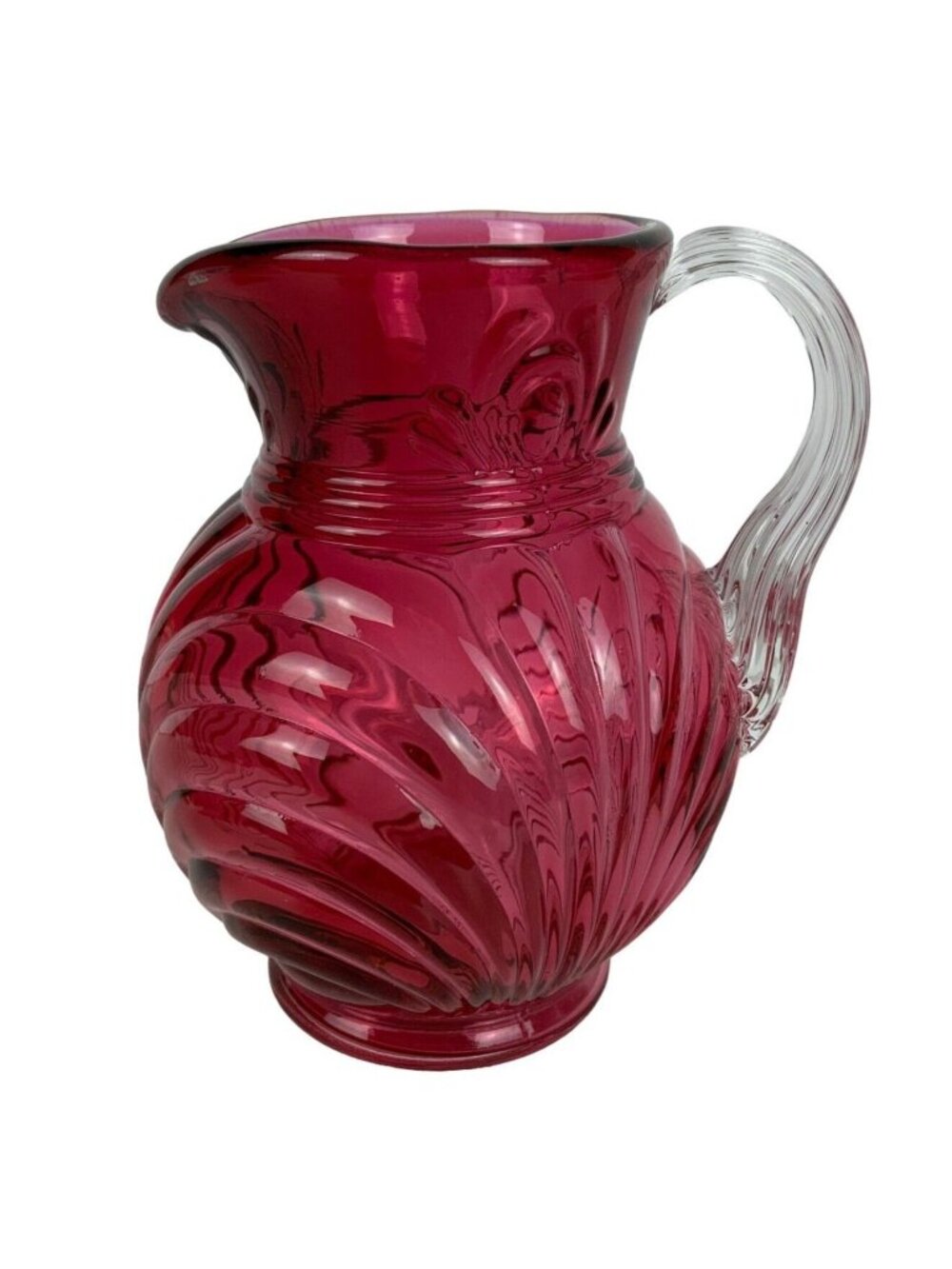 Fenton Country Caprice Cranberry Art Glass Mini Pitcher Swirl Design Clear Handl